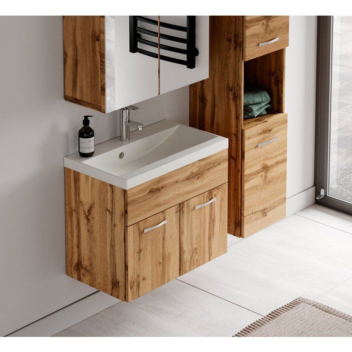 Montreal Bathroom Furniture Set - Badplaats - 60cm Oak Sink - Storage Mirror Cabinet