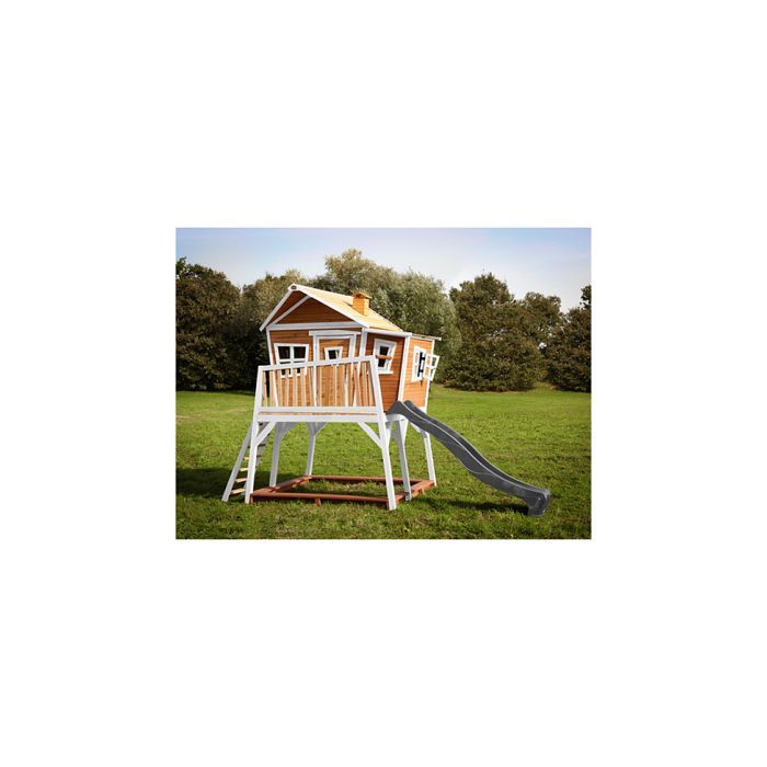 Casita de juegos infantil AXI Max con arenero y tobogán (gris) | Zona de juegos exterior en marrón y blanco