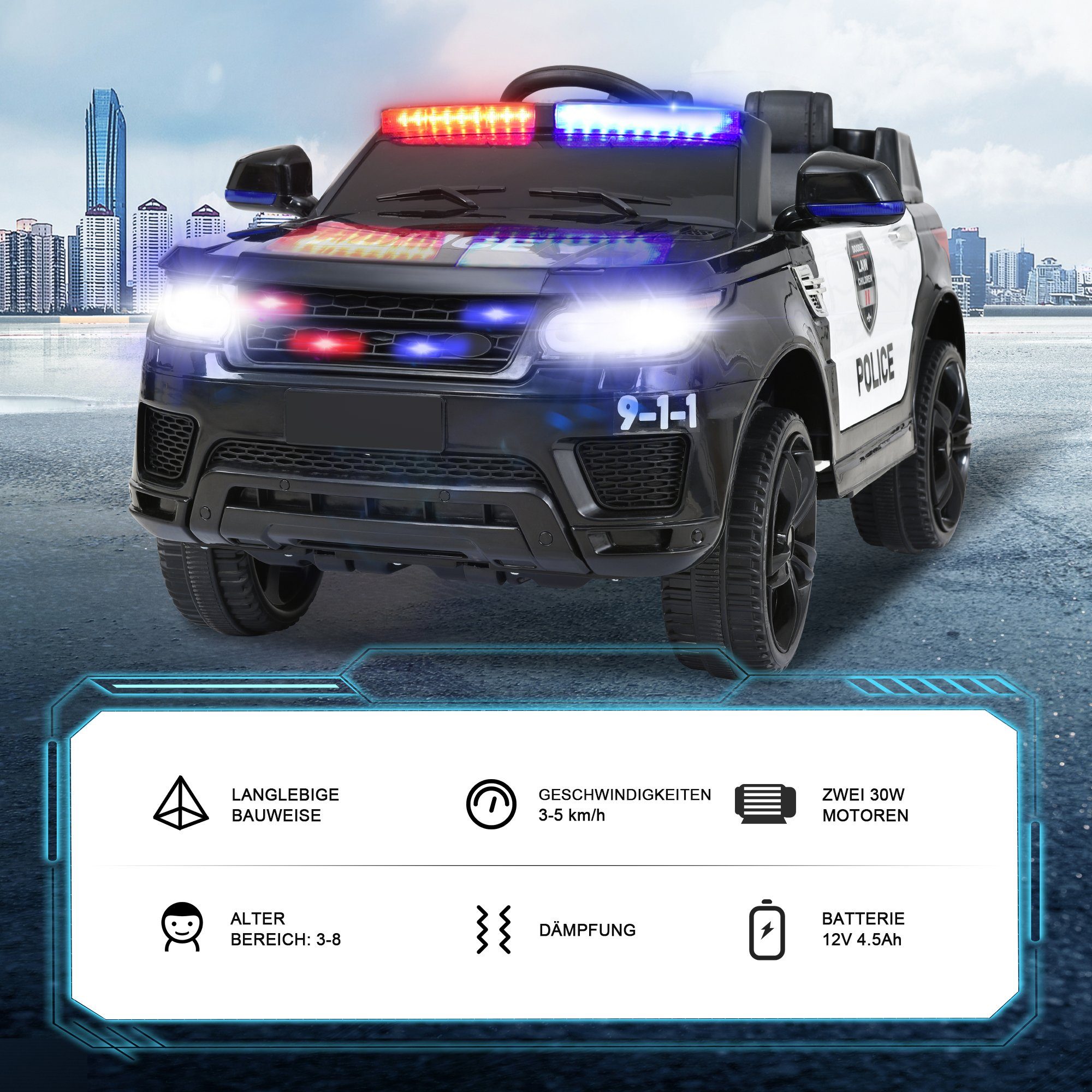 Elektrické dětské auto Merax s USB, AUX a Bluetooth včetně dálkového ovládání, nosnost 30 kg, elektrické policejní auto, dětské auto