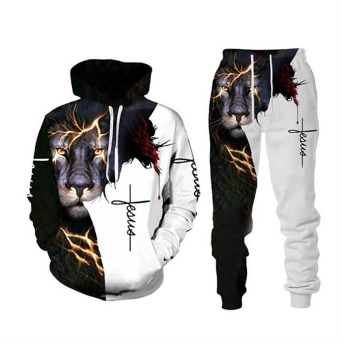 Men's 2-Piece Jogging Set with 3D Tiger Print, Sport Tracksuit, Men's Hoodie with Drawstring, Pants