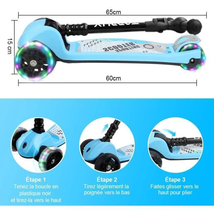 Monopattino per bambini - YOLEO - Pieghevole a 3 ruote - Altezza regolabile 61-81 cm - Antiscivolo - Ruote a LED