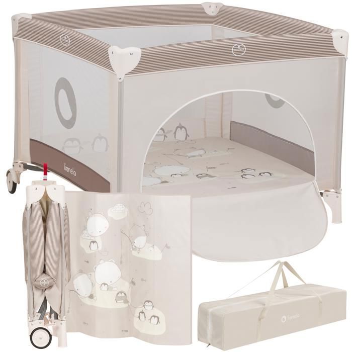 Parque infantil LIONELO Bonnie - Hasta 15 kg - 100x100 cm - Acceso lateral - Cierre de cremallera - Bolsa de transporte - Beige