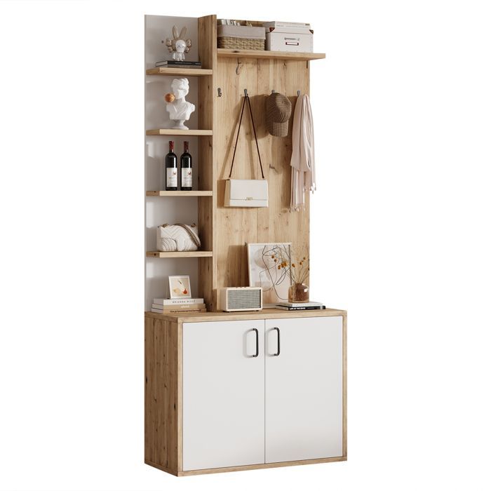 Vestiaire d'Entrée 75x33x180 cm avec meuble a chaussures, Meuble entree avec patère et armoires de rangement, Couleur du bois
