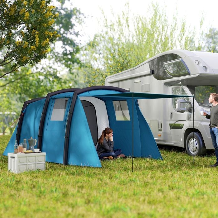 Aufblasbares Campingzelt – Outsunny – Tunnelzelt – 3–6 Personen – Schlafzimmer, Wohnzimmer, Veranda – 420 x 200 x 150 cm – Blau