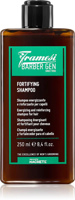 Shampoo fortalecedor Framesi Barber Gen para cabelos fracos e com tendência à queda.