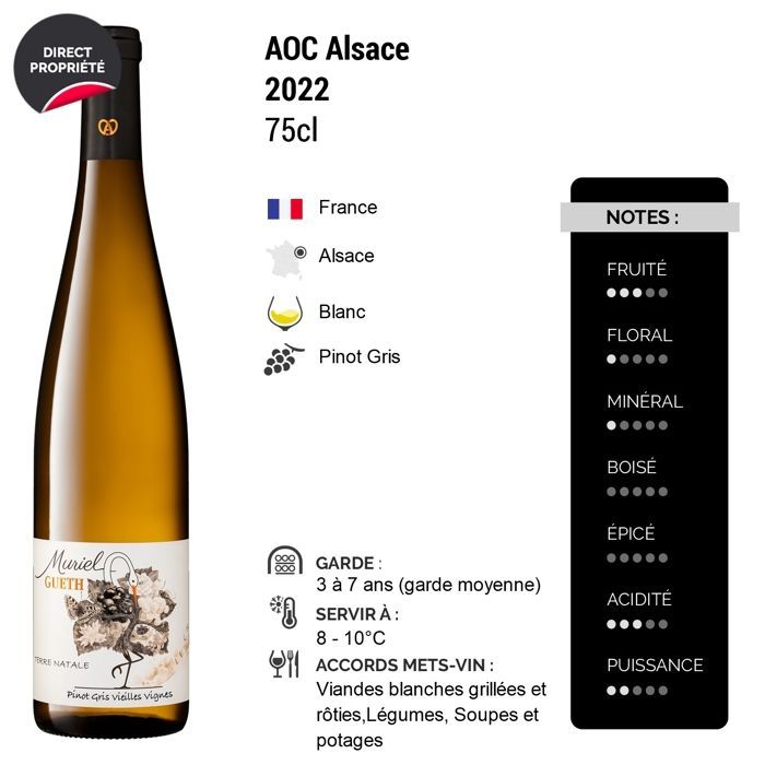 Domaine Gueth Alsace Terre Natale Pinot Gris Vieilles Vignes 2022 - Vin Blanc d' Alsace (6x75cl)