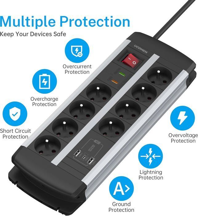 Multipresa con protezione da sovratensione, dotata di porte USB-A e USB-C per la ricarica rapida da 20 W, 8 prese (3680 W 16 A), colore nero.