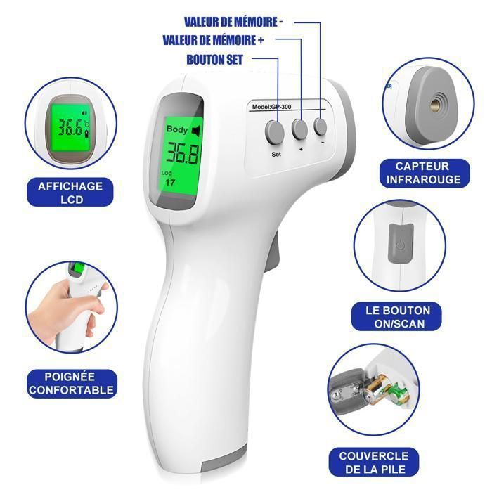 Termometro digitale a infrarossi senza contatto per la fronte, 32-42,9℃, misurazione frontale, lettura con codice colore, display LCD, funzione di allarme febbre