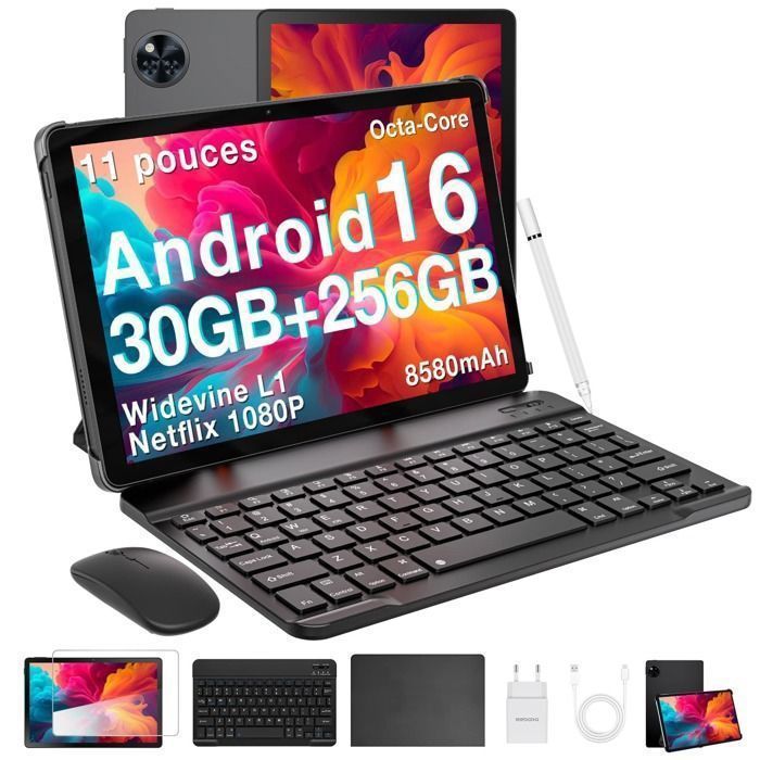 Tableta táctil de 11 pulgadas con teclado y lápiz óptico, Android 16, 30 GB de RAM, 256 GB de ROM | 8580 mAh | Widevine L1, WiFi 6 - Negra