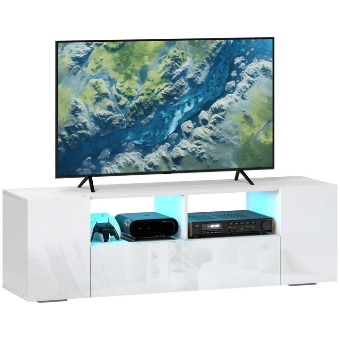 Mobile porta TV a LED - HOMCOM - Supporto TV da 140 cm con 3 vani, fino a 60 pollici, illuminazione regolabile, finitura lucida - legno - 140 cm - bianco