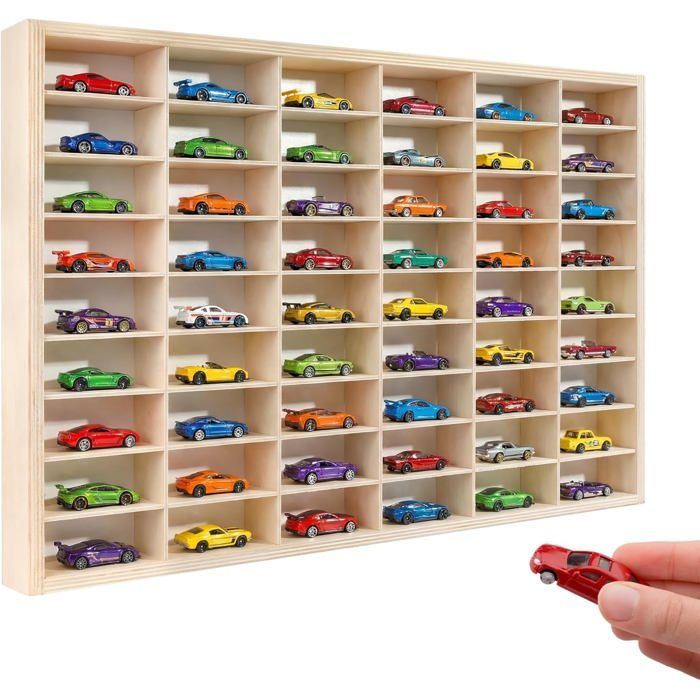 Étagère murale - CREATIVE DECO - Voitures Miniatures - 54 Compartiments - 60x40x5,5 cm - Bois Naturel