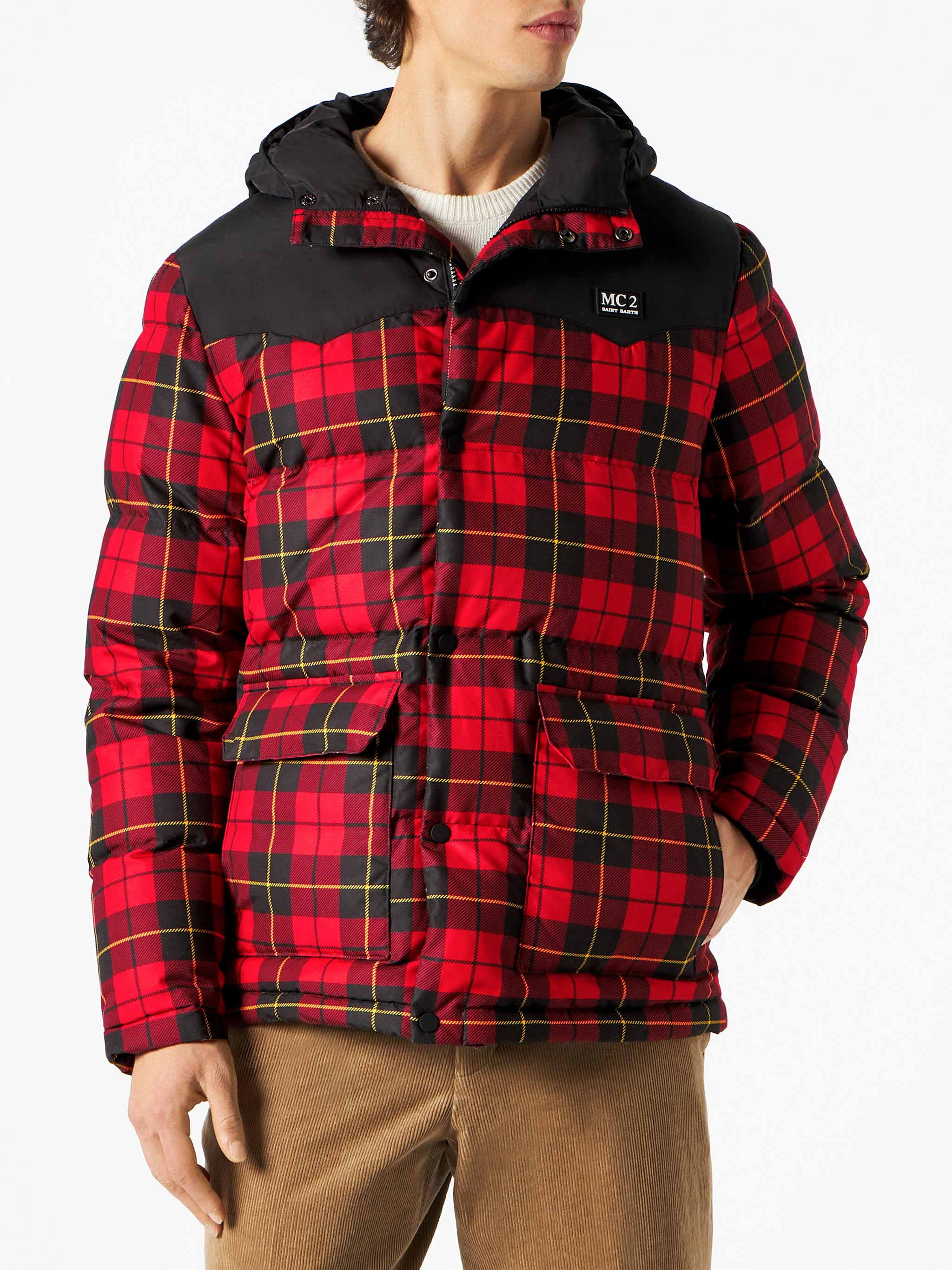 Chaqueta de plumas escocesa para hombre con capucha