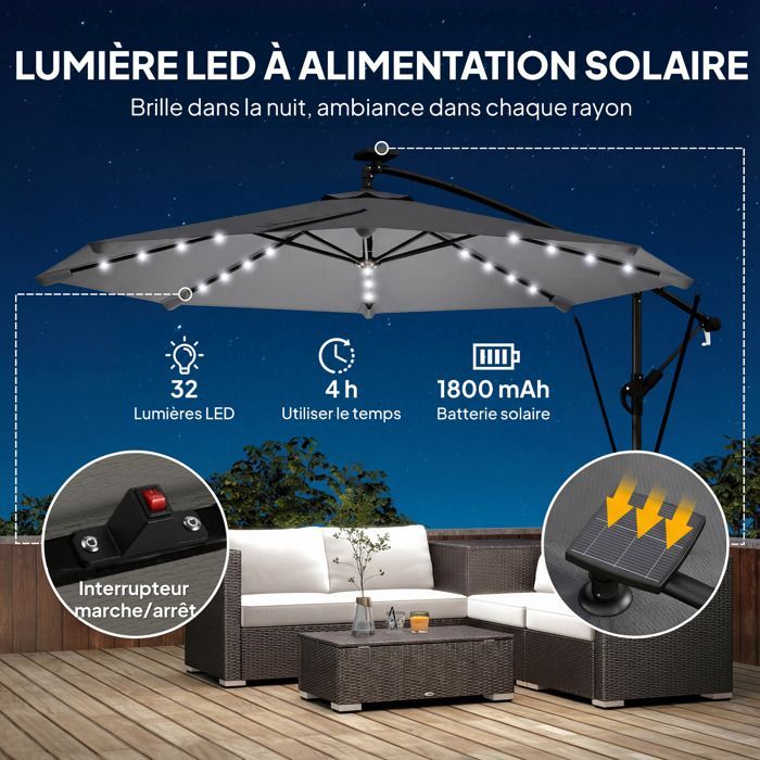 Zweefparasol - tuinparasol - 32 LED-lampjes met draaihendel, UV 50+ bescherming en beschermhoes - aluminium - Ø 295 cm - grijs