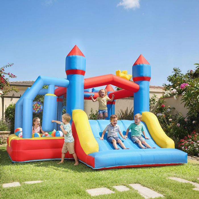 Castillo hinchable 5 en 1 con soplador, estructura hinchable para parque acuático, toboganes, trampolín, multicolor