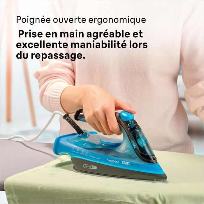 Fer vapeur - BRAUN - FI3194BK FreeStyle 3 - Puissance 2400 W - Vapeur constante 45 g/min Pressing 200g/min - Semelle SuperCeramic