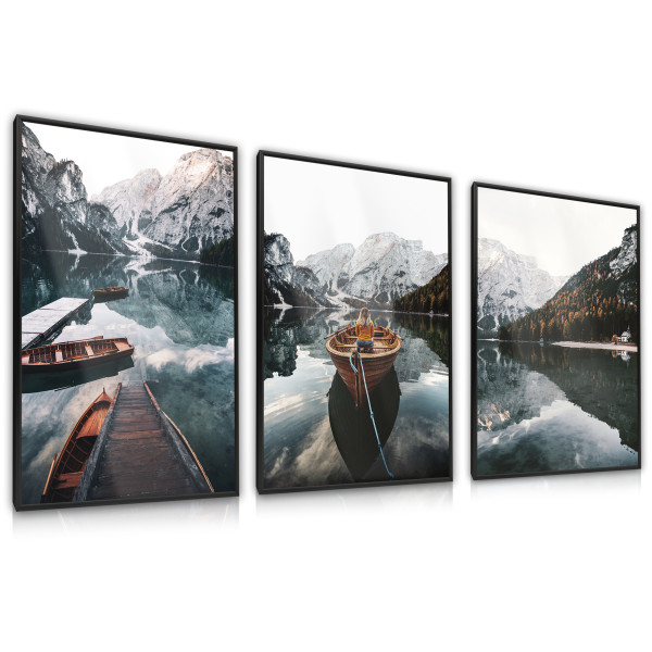 ZESTAW 3x Plakat W Ramie Łódki Na Górskim Jeziorze 30x40cm