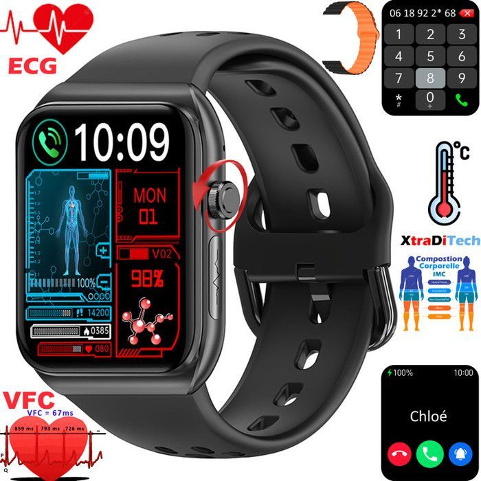 XtraDiTech Smartwatch ECG Heart Rate Monitor Thermometer Multiparameter Monitor 1.81