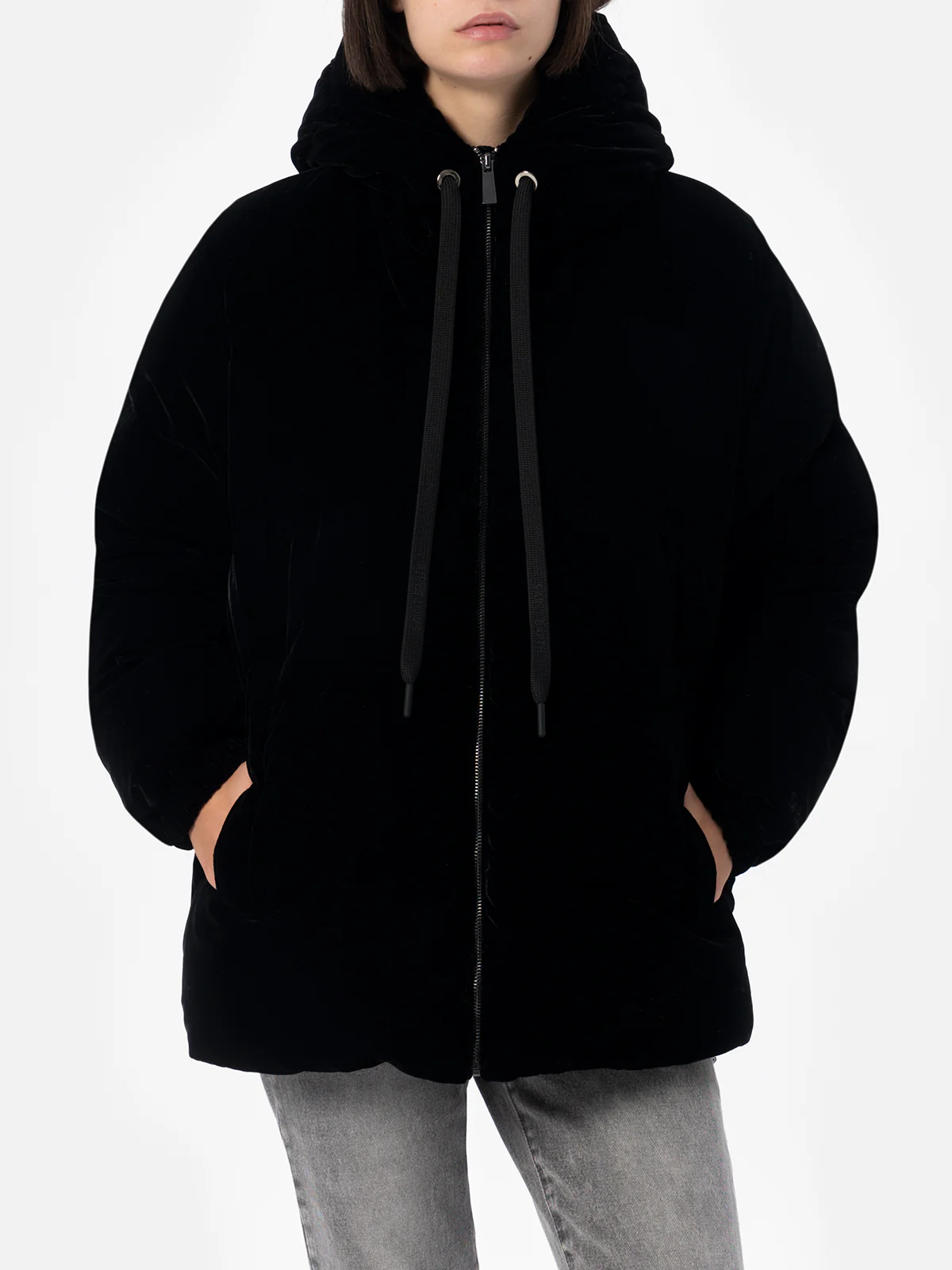 Chaqueta acolchada con capucha de terciopelo negro para mujer