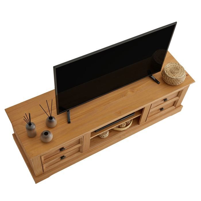 KENT tv-meubel, massief grenen tv-bank met gewaxte afwerking, 144 x 46 x 45 cm, met 4 lades en 2 planken.