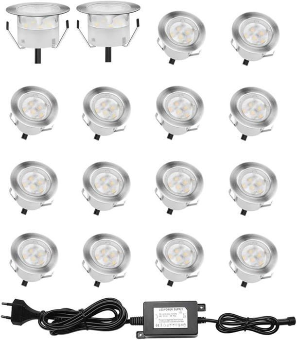Lot de 16 Spots LED Encastrable pour Terrasse Bois, Etanche IP67, Spots à Encastrer Extérieur, 0,6W DC12V, Lumière Blanc