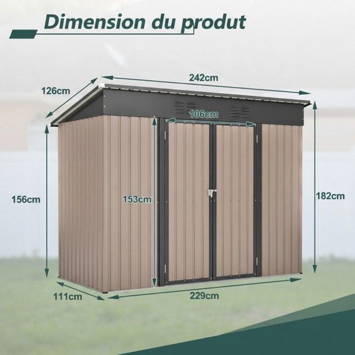 Abri de jardin - LANGTU - 242x126cm - Étanche - Ventilé - Acier galvanisé