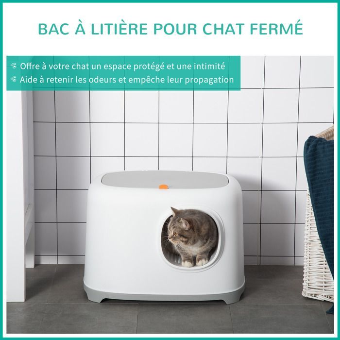 Arenero para gatos PawHut - Bandeja cerrada con tapa y pala - PP - 55x40x39cm - Blanco