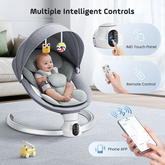 Sdraietta elettrica per neonati, controllabile tramite app e telecomando, adatta dalla nascita fino a 9 kg, con sistema di imbracatura a 5 punti migliorato.