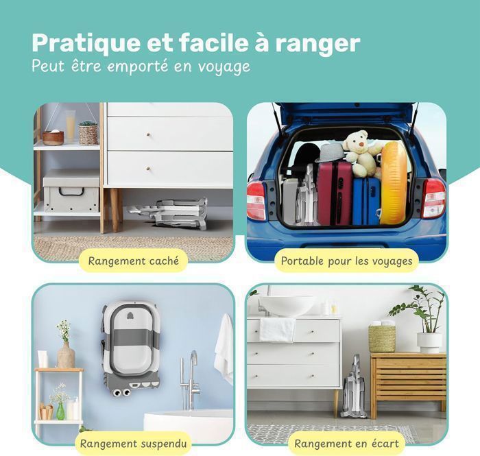 Bañera plegable para bebés con cojín, termómetro integrado y orificio de drenaje para bebés de 0 a 36 meses - Gris