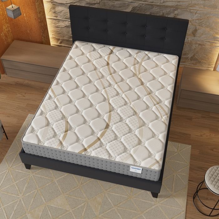 Colchón y cama (140x190cm) - Muelles ensacados Essem de 25cm y espuma de alta densidad + base de láminas estable y cabecero tapizado en negro.
