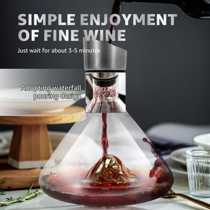 Carafe à vin avec aérateur - Virex® - Verre cristal - 1500 ml - Acier inoxydable - Bec verseur anti-gouttes