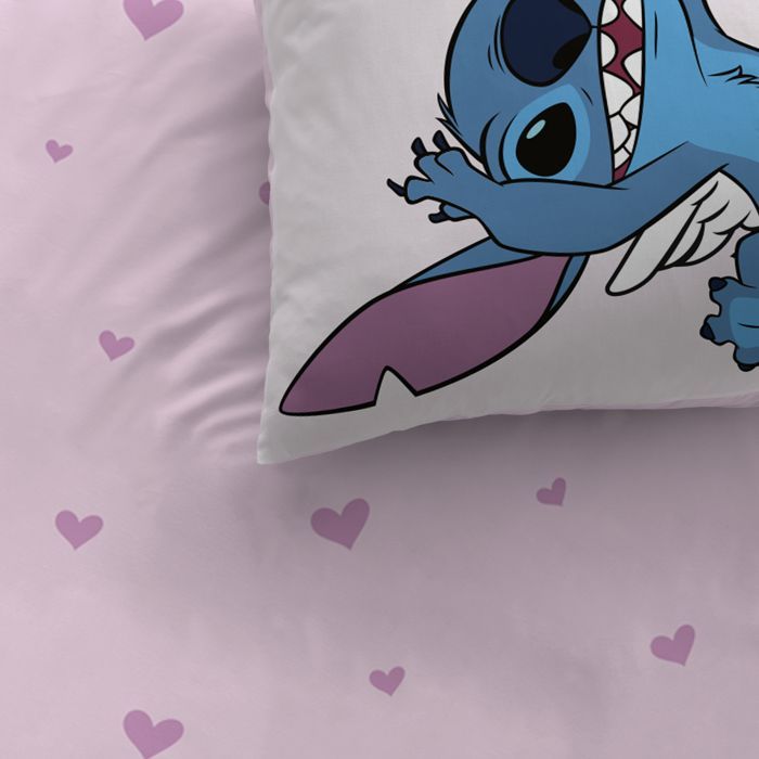 Jogo de cama infantil 100% algodão - Disney Stitch Cupido - Rosa - 140x200+63x63cm