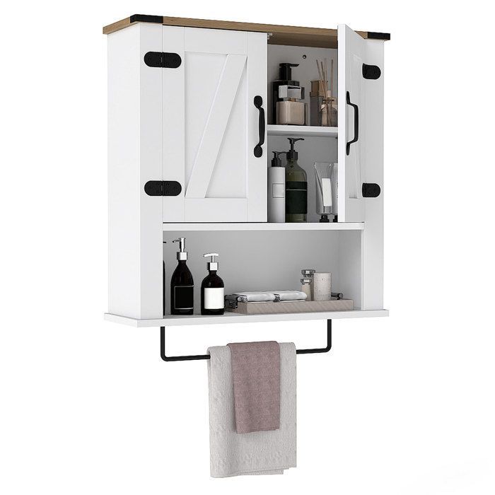 Armario de baño de pared COSTWAY - 2 puertas, compartimento abierto, estante ajustable, toallero para lavadero, cocina