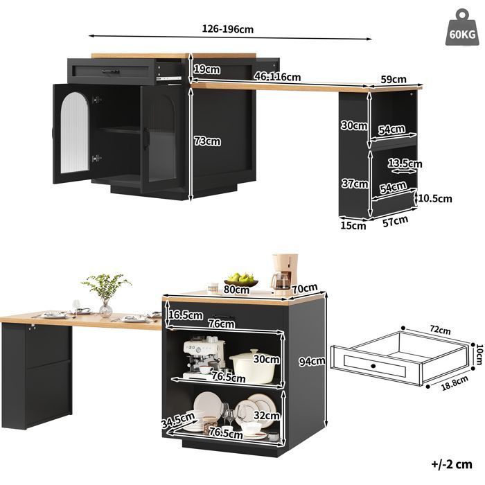 Isla de cocina extensible con iluminación LED RGB, mando a distancia y temporizador, encimera, 2 cajones y puerta, color negro.