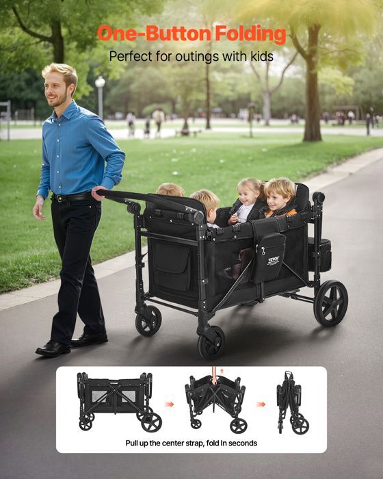 Carrito de transporte infantil VEVOR - Capacidad de carga de 150 kg - con manillar ajustable - Cochecito de camping de 4 plazas - Negro