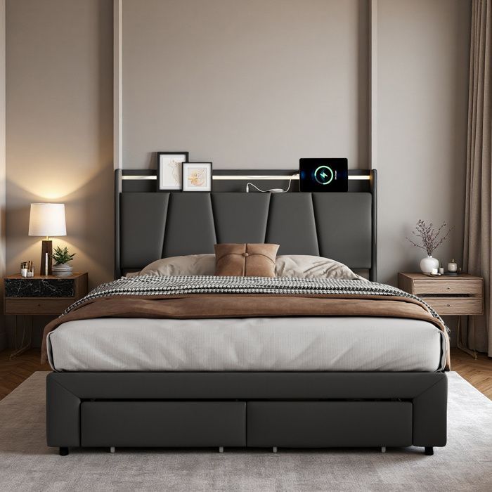 Cama de 140x190 cm - COZY - LED - USB - tela de lino - estructura de cama doble de 140x190 cm - gris antracita