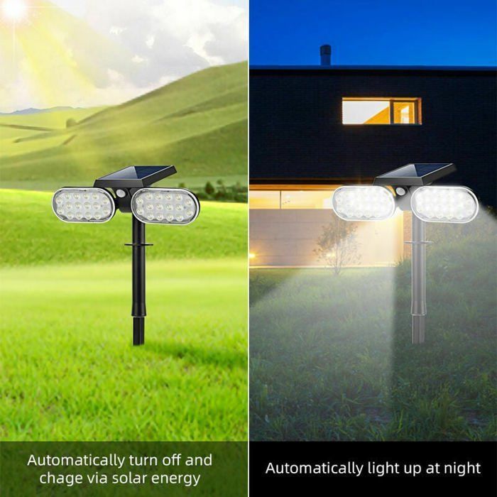 Dual-head solar garden spotlight with 32 LEDs, recessed ground spotlight with light control, IP65 rating, induction lamp