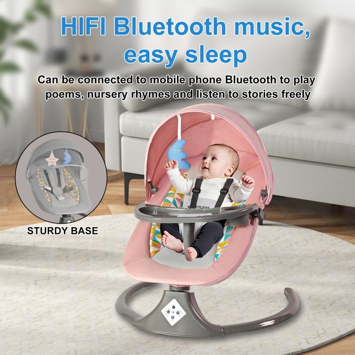 Altalena elettrica per neonati con vassoio per la pappa - Cinque velocità regolabili - 3 impostazioni del timer - Bluetooth/Musica - Cintura di sicurezza - Rosa