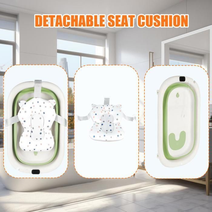 Bañera plegable para bebé MIPAN - Con tapón de drenaje + termómetro digital + cojín de asiento - Patas antideslizantes - Verde