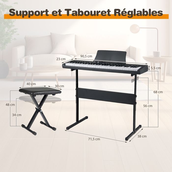 Clavier Electronique 61 Touches Lumineuses avec Tabouret COSTWAY-Support Réglable-Mode Enseignement-Jeu en Duo-Fonction MIDI à APP