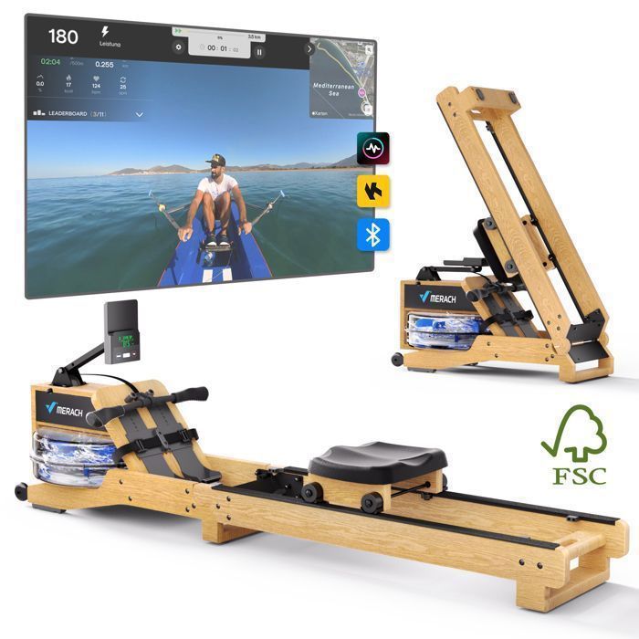 Rameur à eau pliable - MERACH - 15 L - 6 repères de remplissage - Connectivité APP - Ecran LCD - Max 150kg - Bois d'hévéa clair