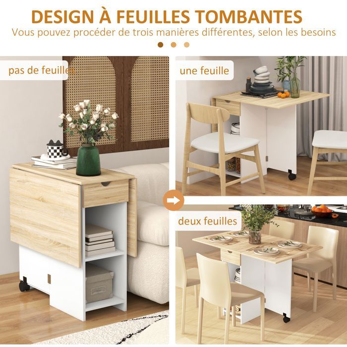 Folding dining table, extendable kitchen table for 2 to 4 people, 2 drop leaves, 120 x 72 x 75 cm, oak