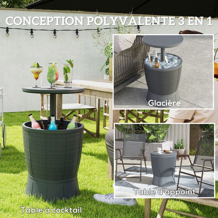 Tavolino con secchiello per il ghiaccio 3 in 1 Outsunny - con vassoio telescopico - per birra, vino, giardino - Ø 49 x 58-84 cm - Grigio
