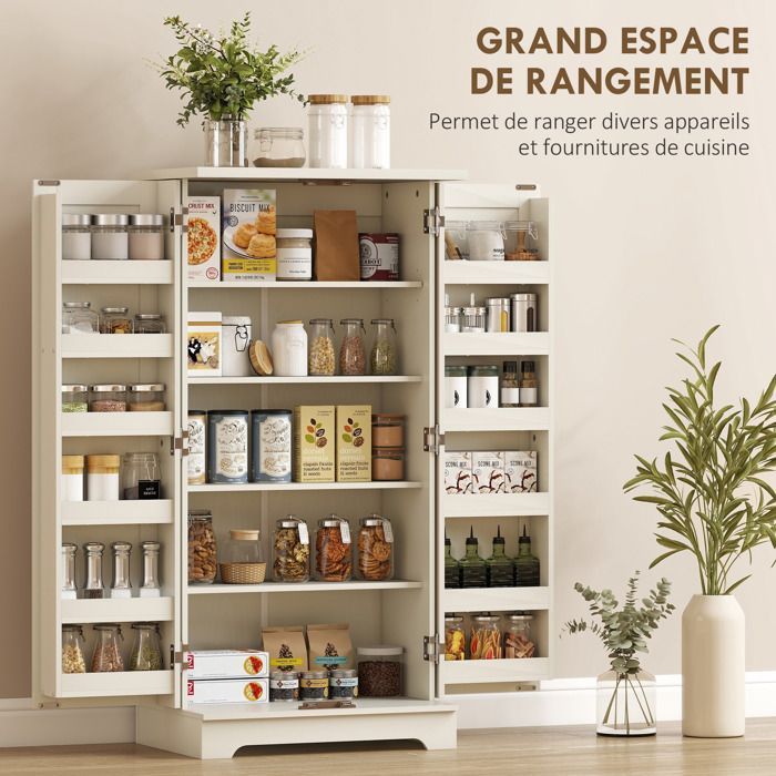 Buffet cuisine - HOMCOM - 5 niveaux avec portes et étagères réglables - 60 x 40 x 120 cm - grain de bois - crème