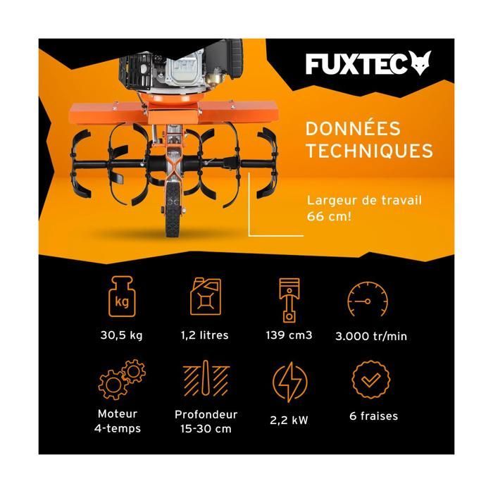Motocultor de gasolina FUXTEC FX-AF1139 - 139 cc, ancho de trabajo máximo de 36-66 cm.