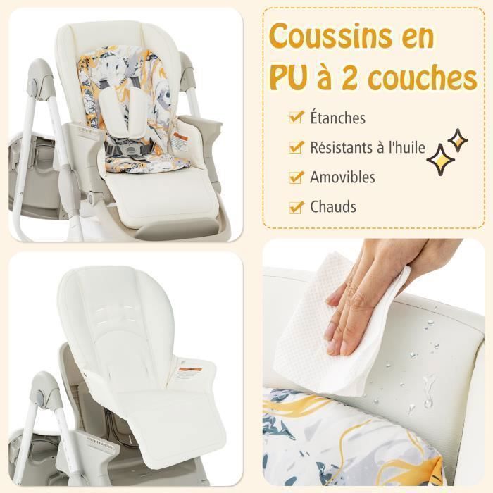 Silla alta plegable para bebé COSTWAY con respaldo reclinable, altura ajustable, bandeja extraíble sin BPA, apta para bebés de 6 meses en adelante, 4 ruedas giratorias, color blanco.