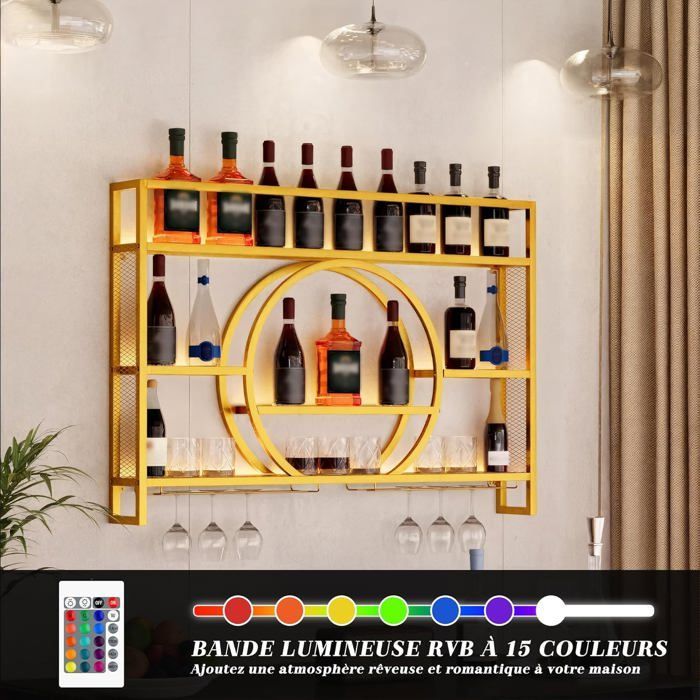 GOOBUY Porte-Verre à Vin en Métal 120cm, Porte Bouteille Mural, Casier à Vin, avec Lumière, Range Bouteille Vin, 120x15x80cm, Or