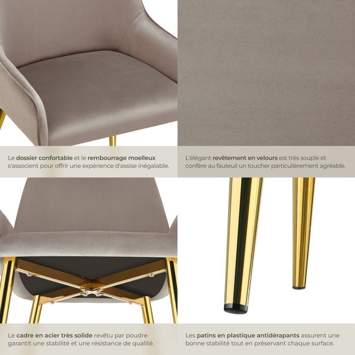 Chaises - TECTAKE - Lot de 6 chaises rembourrées style scandinave AVANE aspect velours forme ergonomique et dossier haut - Taupe