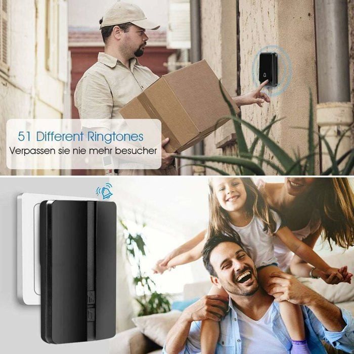 Timbre inalámbrico - PZCC - Negro - 2 receptores - Alcance de 152 metros - Resistente a la intemperie