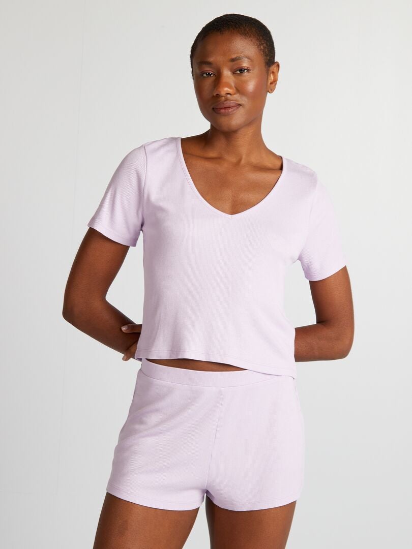Korte gebreide pyjama met ribbels - 2-delig - PAARS