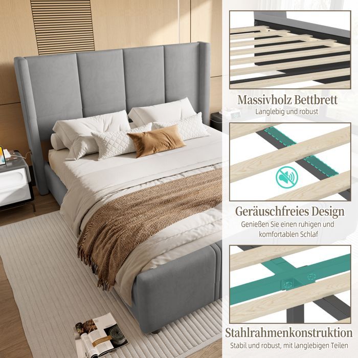 Upholstered Double Bed 160×200 cm with Wooden Slatted Base, High Headboard and Footboard and USB Port - Soft Short Velvet - Grey